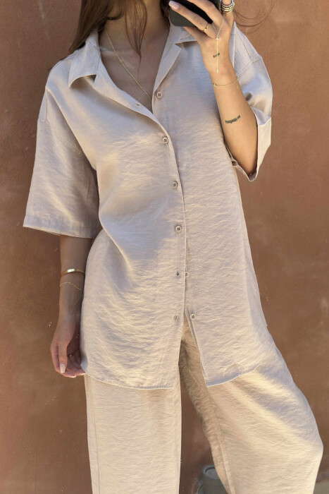 SHORT SLEEVES SHIRT+TROUSERS ONE COLOR WOMEN SET BEIGE/BEZHE - 2