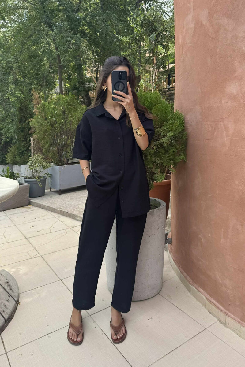 SHORT SLEEVES SHIRT+TROUSERS ONE COLOR WOMEN SET BLACK/ E ZEZE - 1