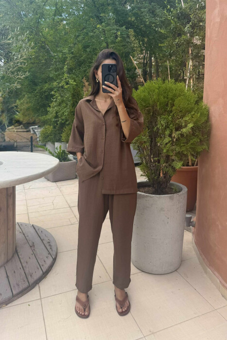 SHORT SLEEVES SHIRT+TROUSERS ONE COLOR WOMEN SET BROWN/KAFE 