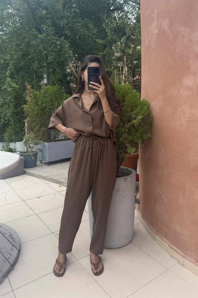 SHORT SLEEVES SHIRT+TROUSERS ONE COLOR WOMEN SET BROWN/KAFE - 2