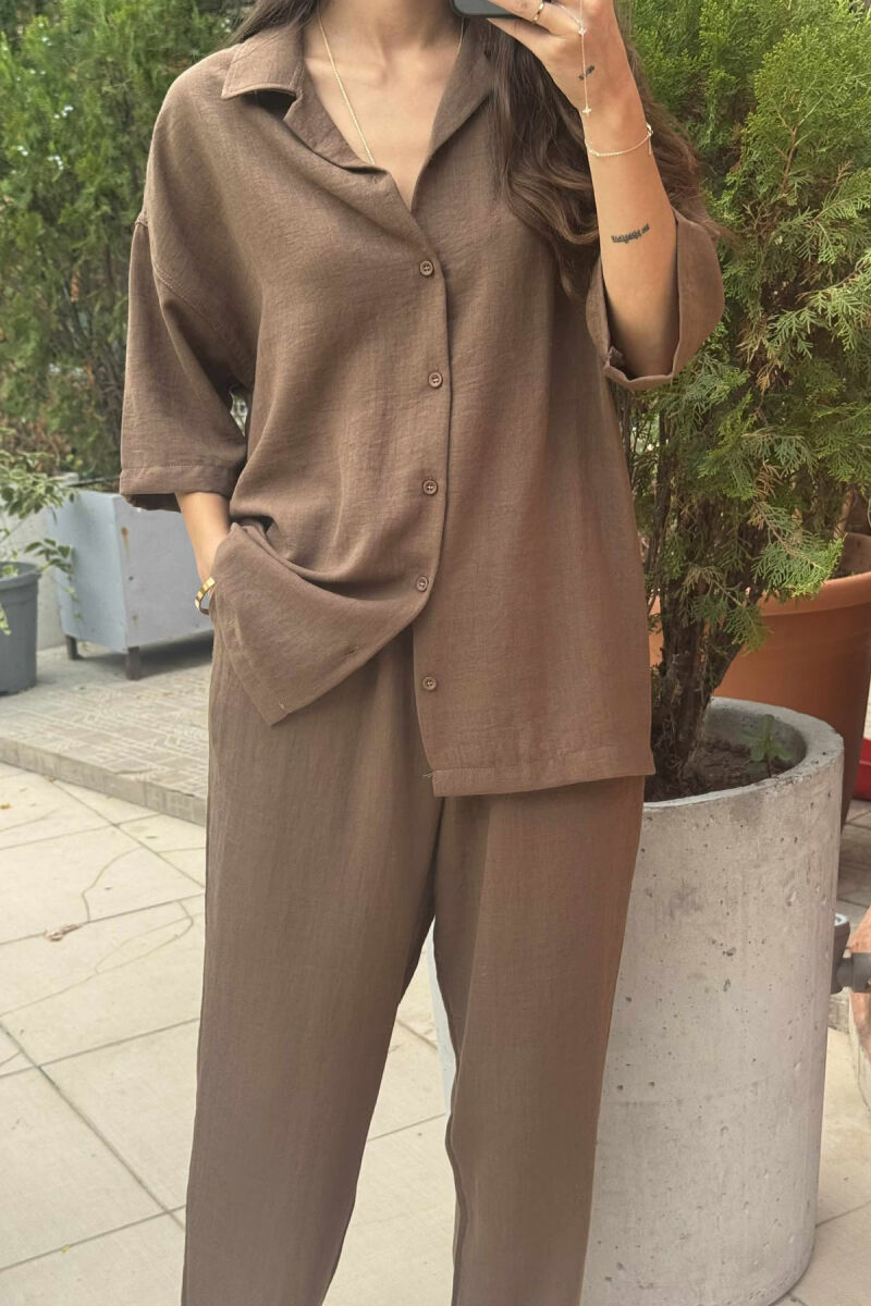 SHORT SLEEVES SHIRT+TROUSERS ONE COLOR WOMEN SET BROWN/KAFE - 3