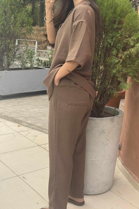 SHORT SLEEVES SHIRT+TROUSERS ONE COLOR WOMEN SET BROWN/KAFE - 5