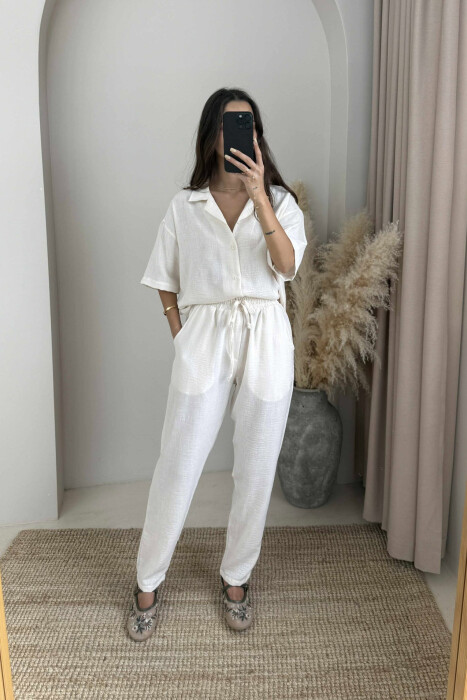 SHORT SLEEVES SHIRT+TROUSERS ONE COLOR WOMEN SET CREAM/KREM - 1