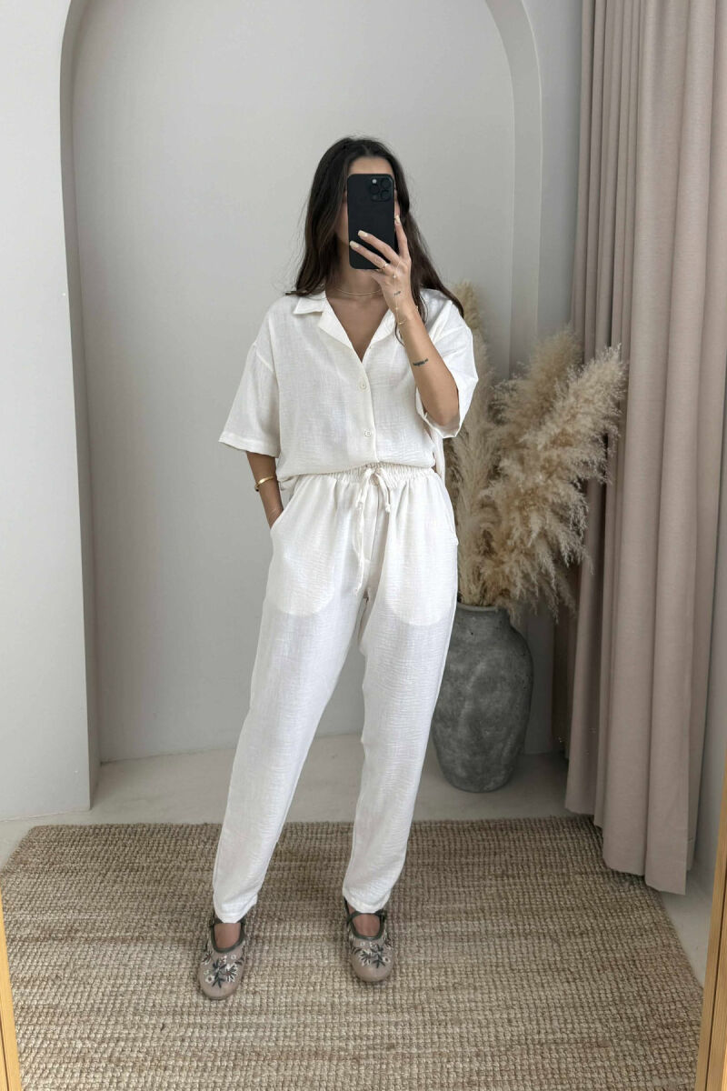 SHORT SLEEVES SHIRT+TROUSERS ONE COLOR WOMEN SET CREAM/KREM - 1