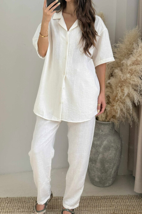 SHORT SLEEVES SHIRT+TROUSERS ONE COLOR WOMEN SET CREAM/KREM - 3