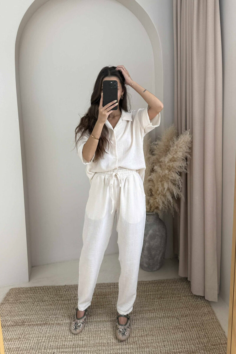 SHORT SLEEVES SHIRT+TROUSERS ONE COLOR WOMEN SET CREAM/KREM - 2