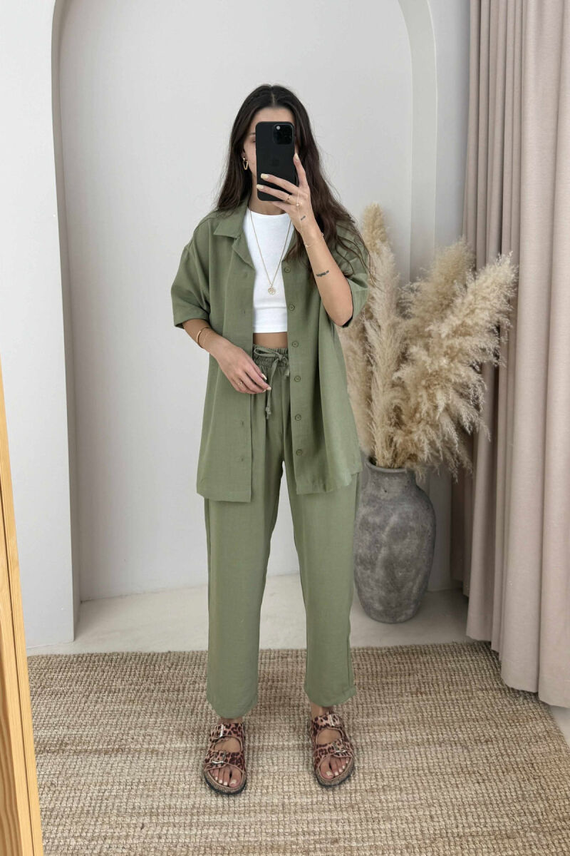 SHORT SLEEVES SHIRT+TROUSERS ONE COLOR WOMEN SET GREEN/JESHILE - 1