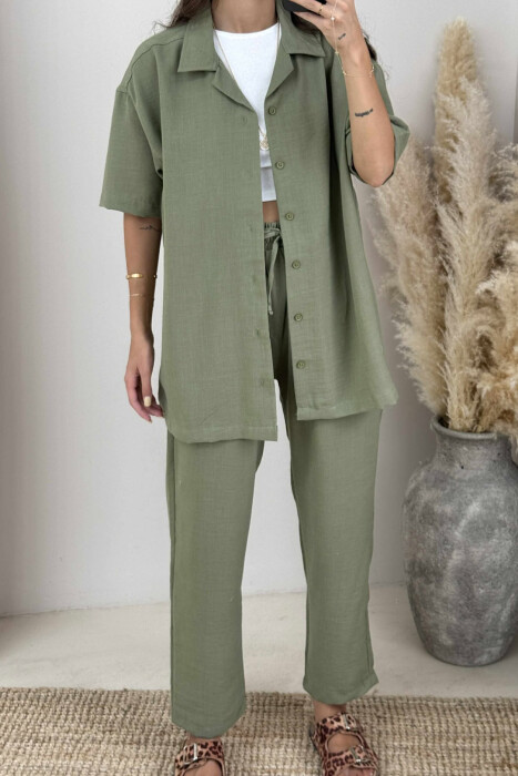SHORT SLEEVES SHIRT+TROUSERS ONE COLOR WOMEN SET GREEN/JESHILE - 3