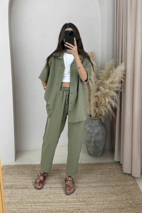SHORT SLEEVES SHIRT+TROUSERS ONE COLOR WOMEN SET GREEN/JESHILE - 2
