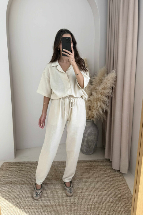 SHORT SLEEVES SHIRT+TROUSERS ONE COLOR WOMEN SET LIGHT BEIGE/BZHZB 