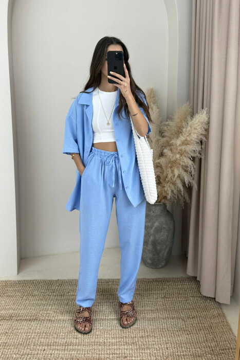 SHORT SLEEVES SHIRT+TROUSERS ONE COLOR WOMEN SET LIGHTBLUE/BZ - 1