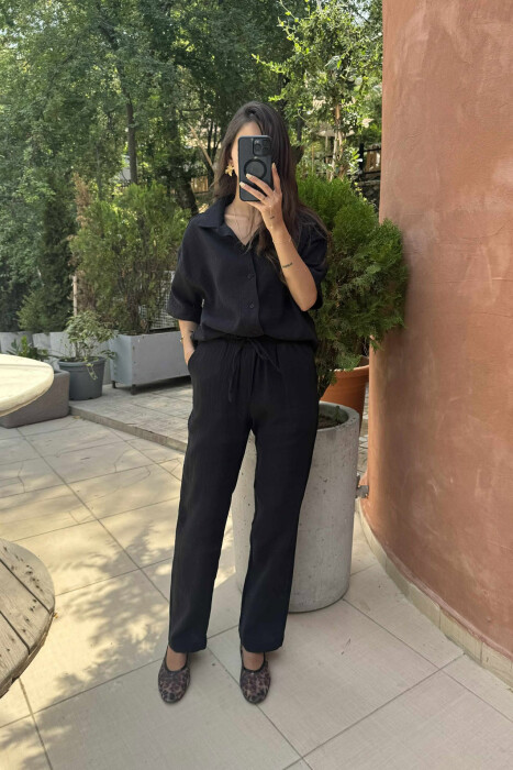 SHORT SLEEVES SHIRT+TROUSERS SIMPLE WOMEN SET BLACK/ E ZEZE 