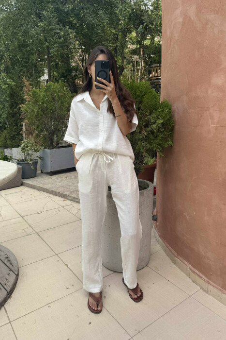 SHORT SLEEVES SHIRT+TROUSERS SIMPLE WOMEN SET CREAM/KREM - 1