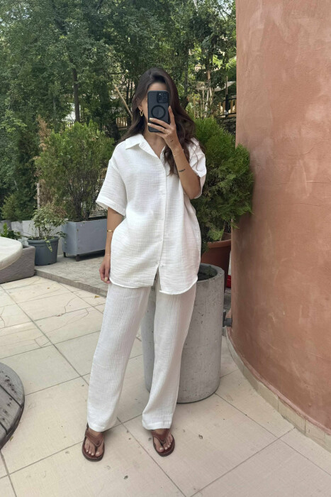 SHORT SLEEVES SHIRT+TROUSERS SIMPLE WOMEN SET CREAM/KREM - 2