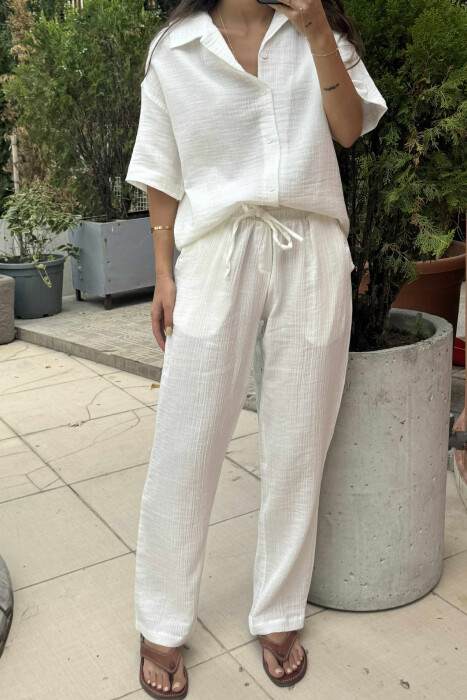 SHORT SLEEVES SHIRT+TROUSERS SIMPLE WOMEN SET CREAM/KREM - 3