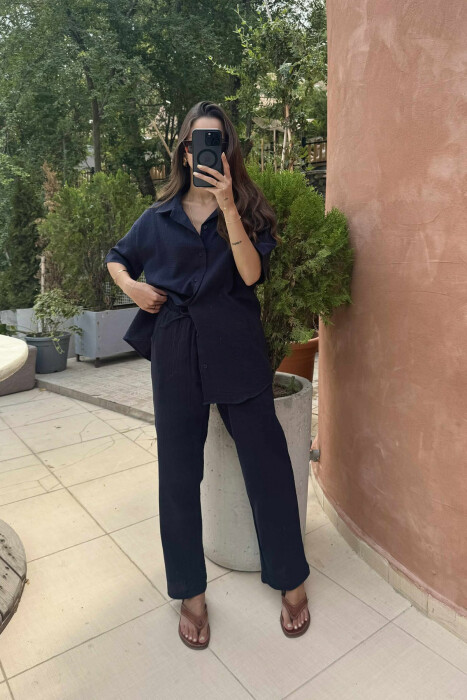 SHORT SLEEVES SHIRT+TROUSERS SIMPLE WOMEN SET DARK BLUE/BEE - 1