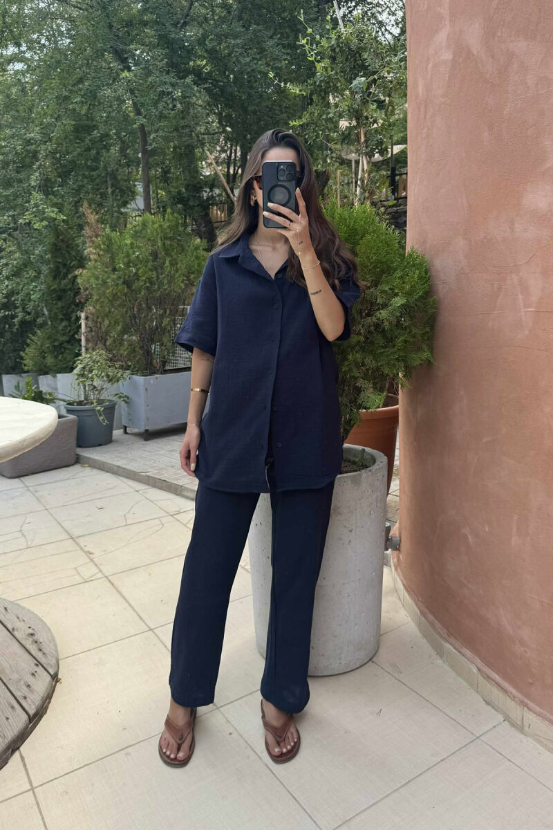 SHORT SLEEVES SHIRT+TROUSERS SIMPLE WOMEN SET DARK BLUE/BEE - 2