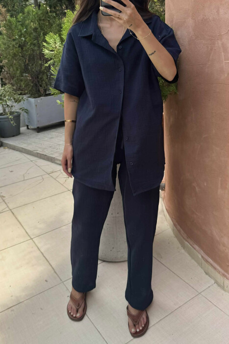 SHORT SLEEVES SHIRT+TROUSERS SIMPLE WOMEN SET DARK BLUE/BEE - 3