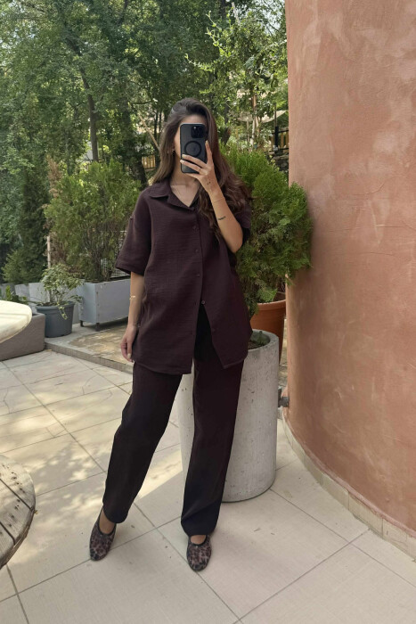 SHORT SLEEVES SHIRT+TROUSERS SIMPLE WOMEN SET DARK BROWN/KAE - 1