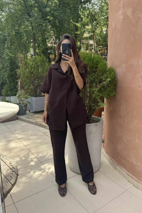 SHORT SLEEVES SHIRT+TROUSERS SIMPLE WOMEN SET DARK BROWN/KAE - 2
