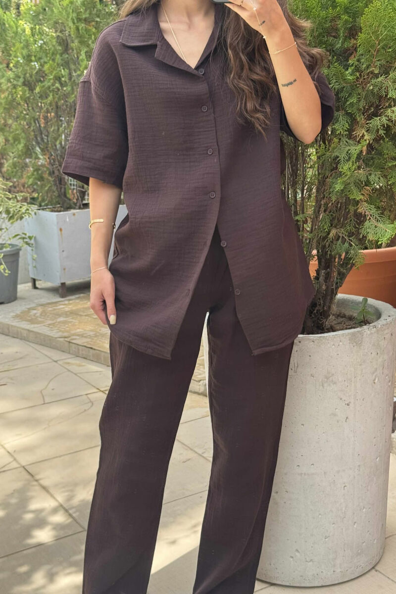 SHORT SLEEVES SHIRT+TROUSERS SIMPLE WOMEN SET DARK BROWN/KAE - 3
