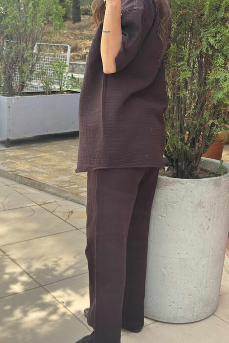 SHORT SLEEVES SHIRT+TROUSERS SIMPLE WOMEN SET DARK BROWN/KAE - 4