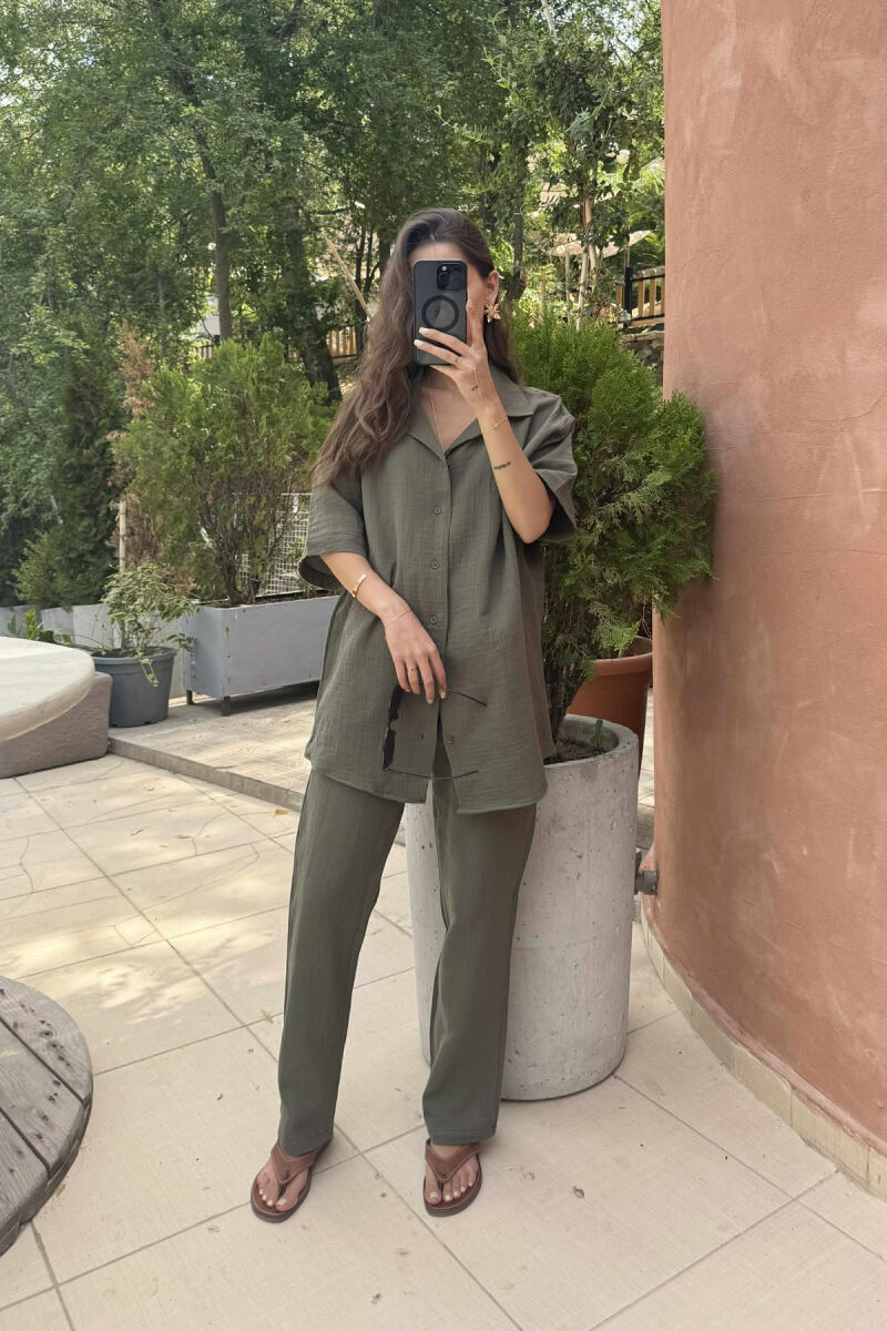 SHORT SLEEVES SHIRT+TROUSERS SIMPLE WOMEN SET GREEN/JESHILE - 1