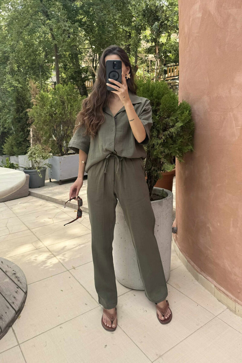 SHORT SLEEVES SHIRT+TROUSERS SIMPLE WOMEN SET GREEN/JESHILE - 2