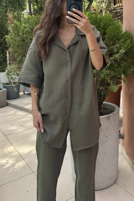 SHORT SLEEVES SHIRT+TROUSERS SIMPLE WOMEN SET GREEN/JESHILE - 3