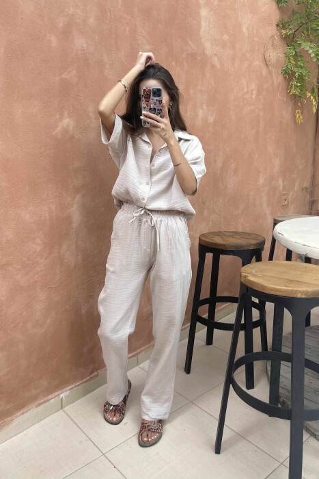 SHORT SLEEVES SHIRT+TROUSERS SIMPLE WOMEN SET LIGHT BEIGE/BZHZB - 1