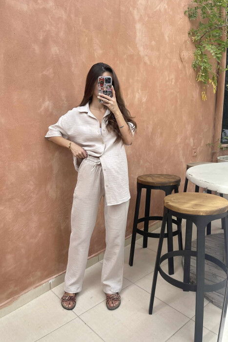 SHORT SLEEVES SHIRT+TROUSERS SIMPLE WOMEN SET LIGHT BEIGE/BZHZB - 2