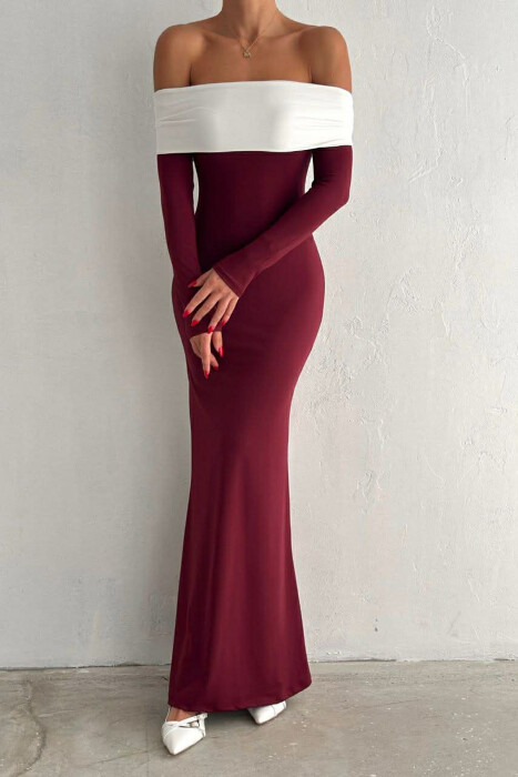 SHOULDER OFF LONG SLEEVES LONG WOMAN DRESS BURGUNDY/VISHNJE - KLAUDIO FASHION