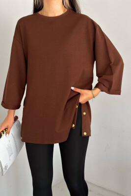 SIDE BUTTON ONE COLOR WOMEN T-SHIRT BROWN/KAFE 