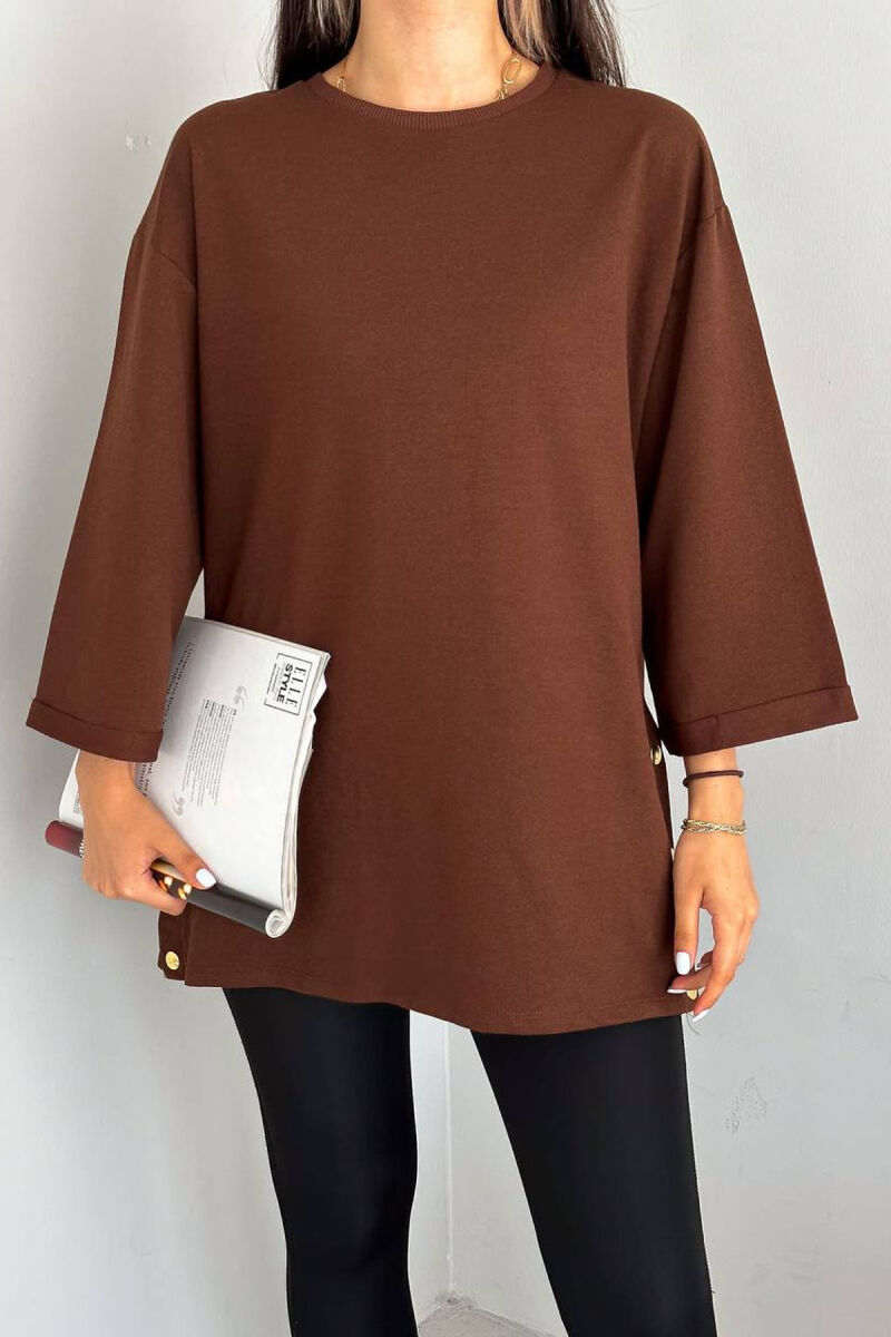 SIDE BUTTON ONE COLOR WOMEN T-SHIRT BROWN/KAFE - 2