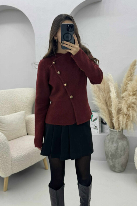 SIDE BUTTONED ONE COLOR WOMEN CARDIGAN BURGUNDY/VISHNJE - 2
