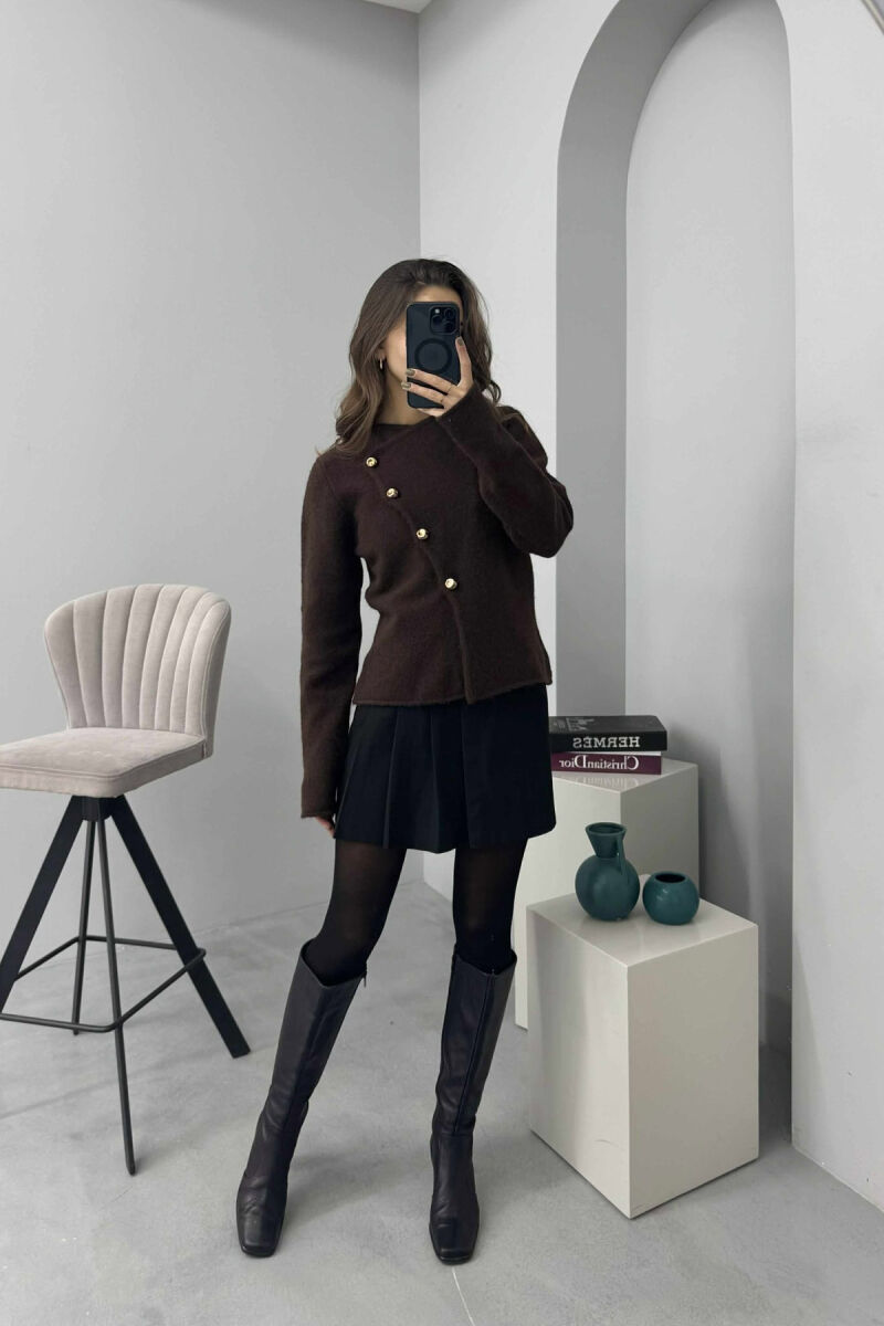 SIDE BUTTONED ONE COLOR WOMEN CARDIGAN DARK BROWN/KAE - 1