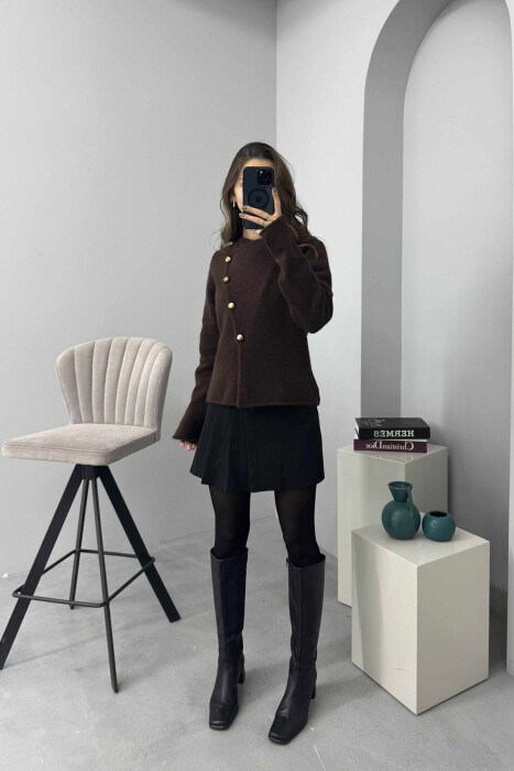 SIDE BUTTONED ONE COLOR WOMEN CARDIGAN DARK BROWN/KAE - 2