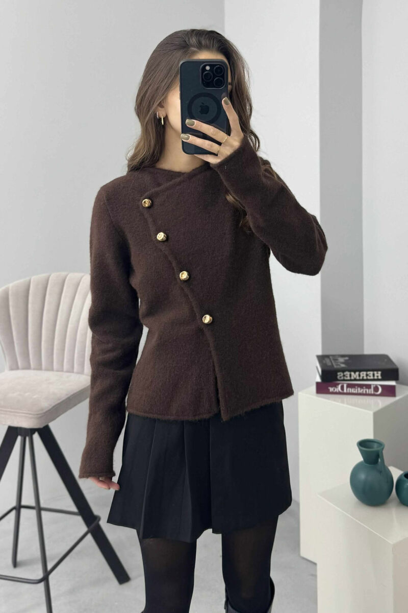 SIDE BUTTONED ONE COLOR WOMEN CARDIGAN DARK BROWN/KAE - 3