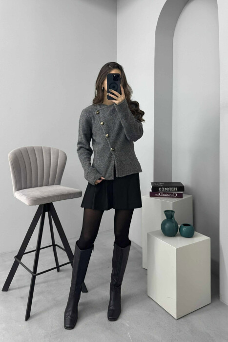 SIDE BUTTONED ONE COLOR WOMEN CARDIGAN GREY/GRI - 1