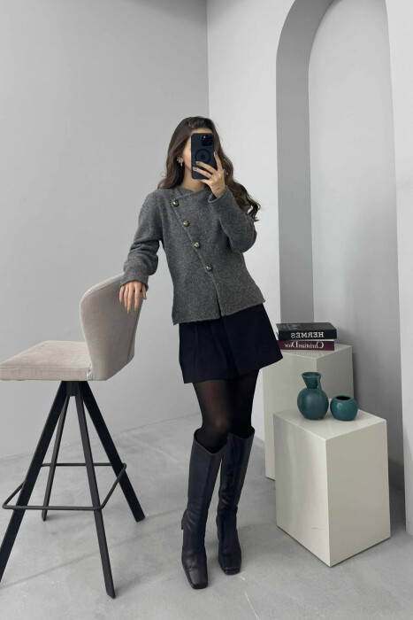 SIDE BUTTONED ONE COLOR WOMEN CARDIGAN GREY/GRI - 4