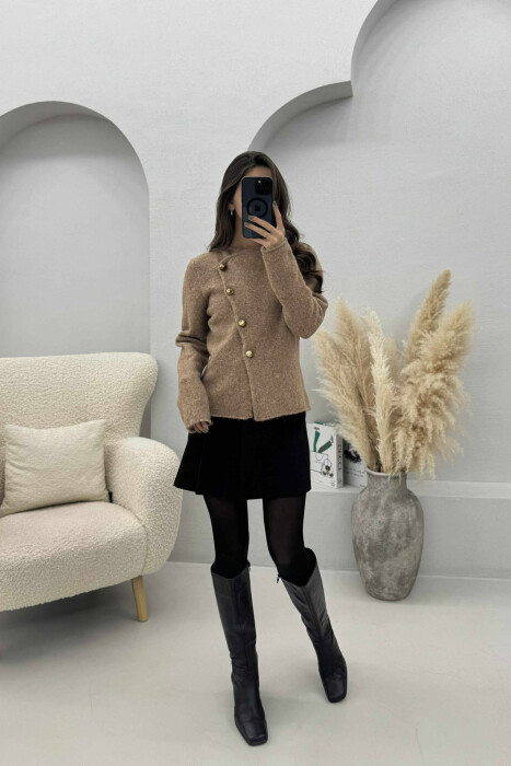 SIDE BUTTONED ONE COLOR WOMEN CARDIGAN LIGHT BROWN/KAZB - 1