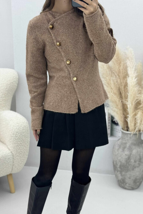 SIDE BUTTONED ONE COLOR WOMEN CARDIGAN LIGHT BROWN/KAZB - 3