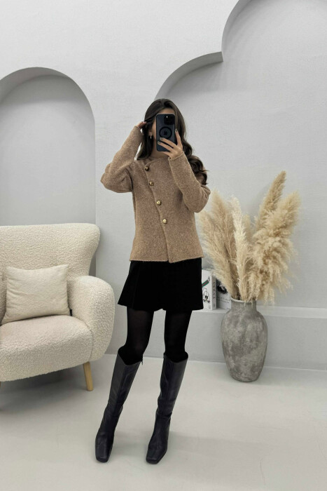 SIDE BUTTONED ONE COLOR WOMEN CARDIGAN LIGHT BROWN/KAZB - 4