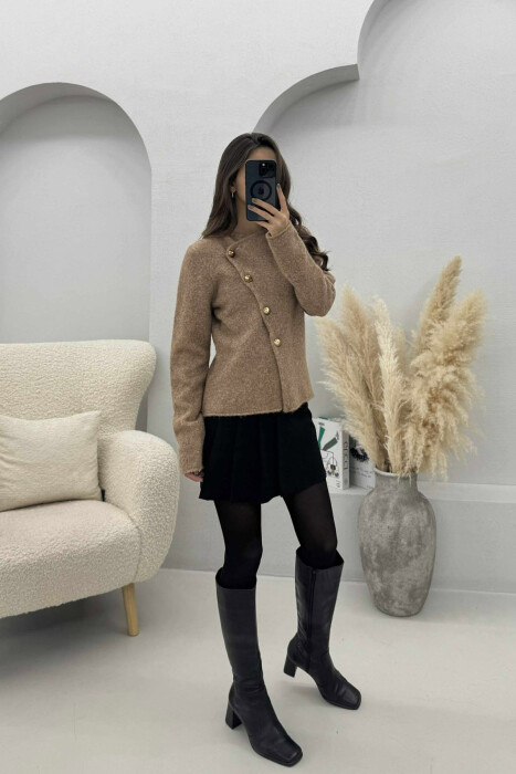 SIDE BUTTONED ONE COLOR WOMEN CARDIGAN LIGHT BROWN/KAZB - 5
