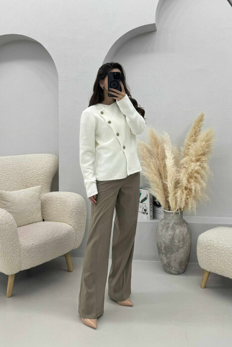 SIDE BUTTONED ONE COLOR WOMEN CARDIGAN WHITE-E BARDHE 