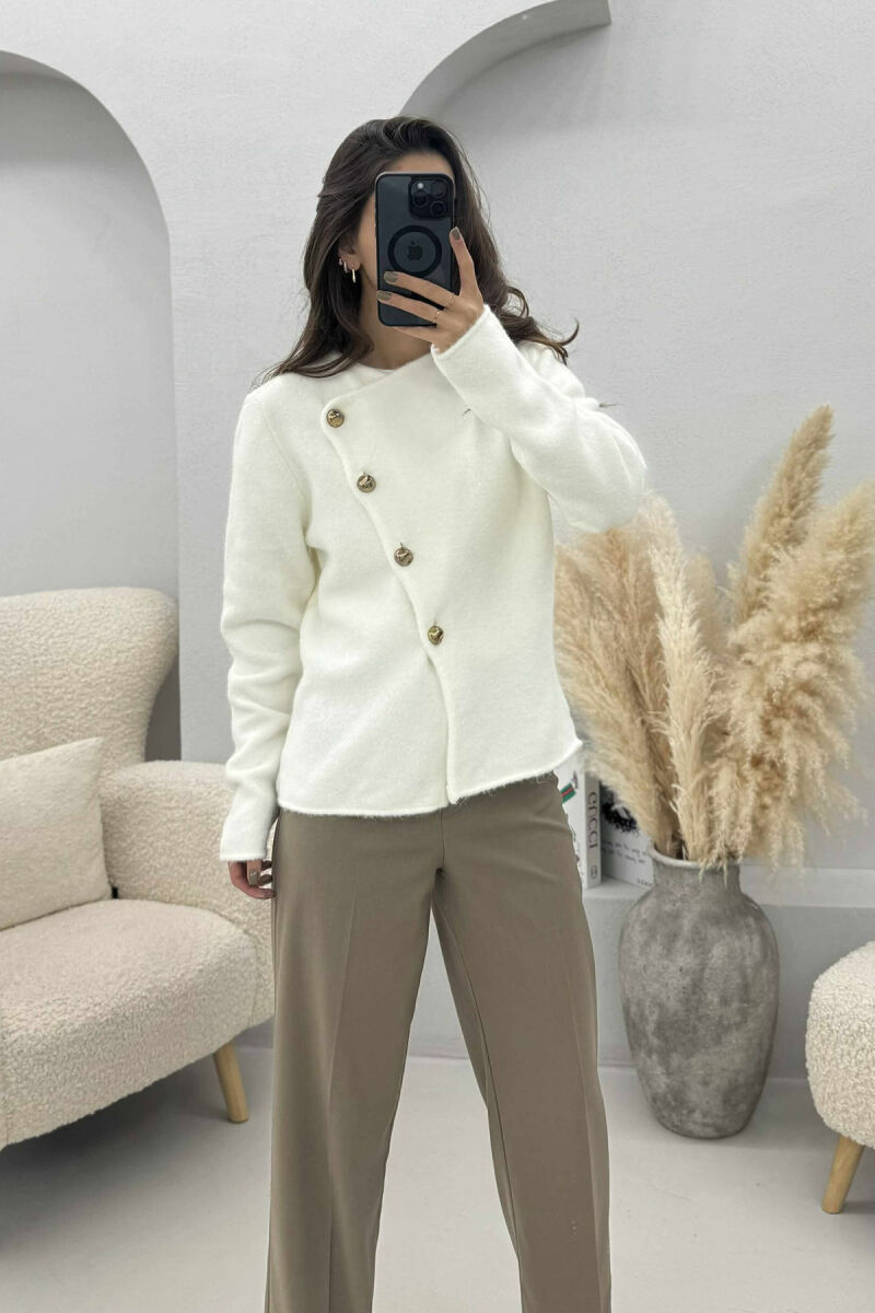 SIDE BUTTONED ONE COLOR WOMEN CARDIGAN WHITE-E BARDHE - 4