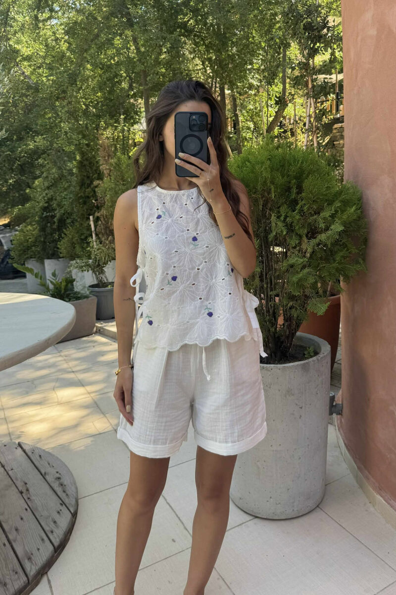 SIDE LACING FLOWER DESIGN WOMEN TANK TOP WHITE-E BARDHE - 1