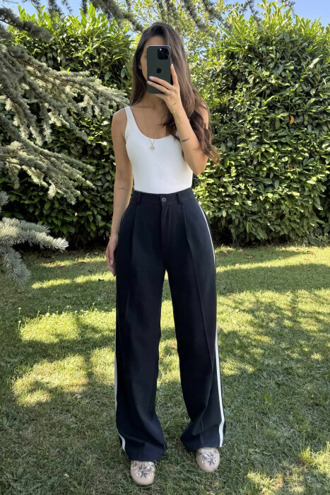 SIDE LINE DESIGN SEMI ELASTIC WOMEN TROUSERS DARK BLUE/BEE - 1