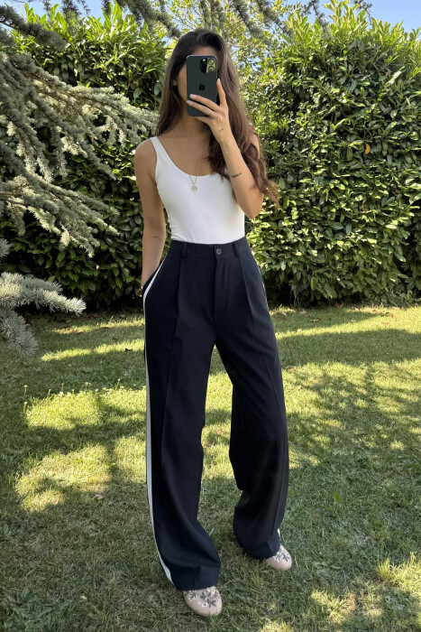 SIDE LINE DESIGN SEMI ELASTIC WOMEN TROUSERS DARK BLUE/BEE - 3