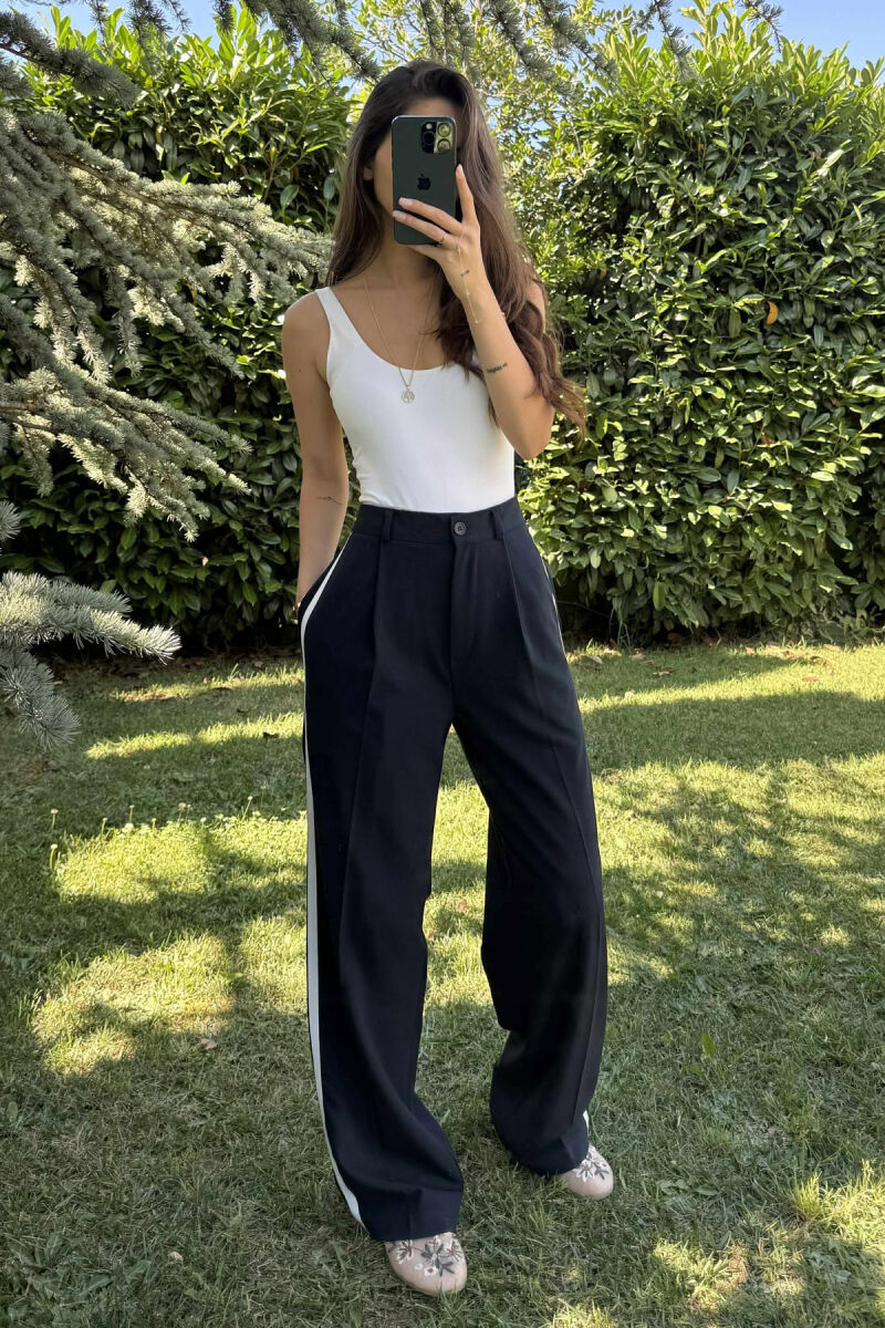 SIDE LINE DESIGN SEMI ELASTIC WOMEN TROUSERS DARK BLUE/BEE - 3